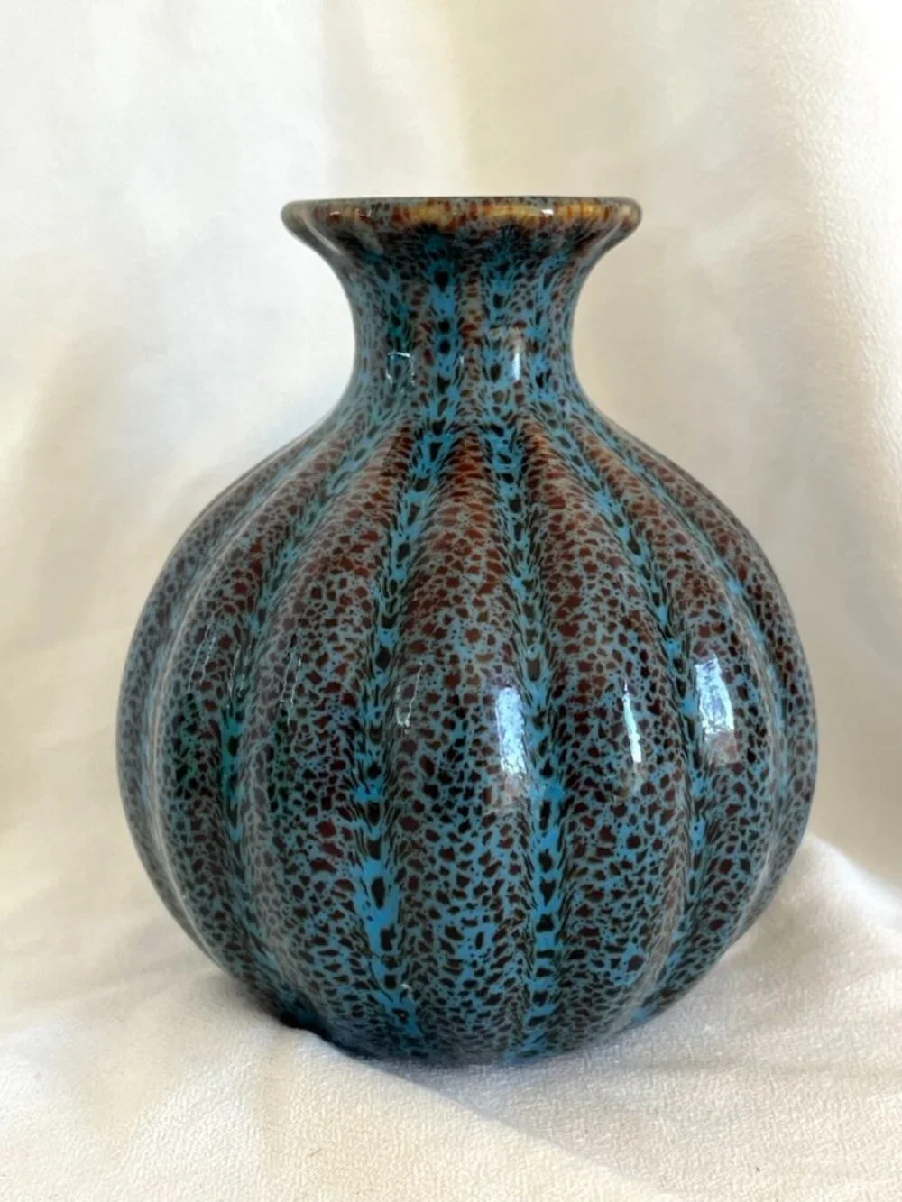 Vintage Studio Pottery Blue Brown Speckled Glaze Ribbed Bud Vase